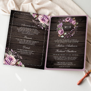Rustic Wood Dusty Purple Floral QR Code Wedding Invitation