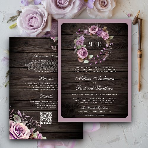 Rustic Wood Dusty Purple Floral QR Code Wedding Invitation