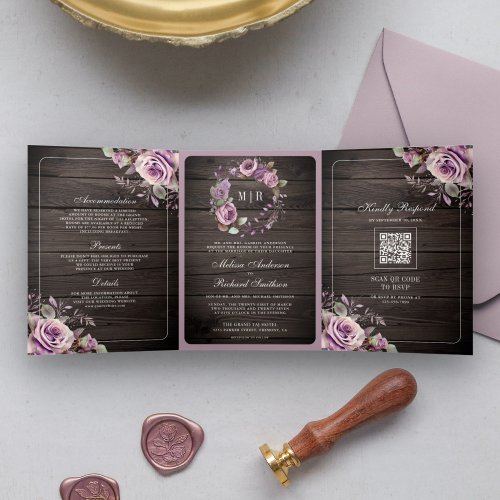 Rustic Wood Dusty Purple Floral QR Code Wedding Tri_Fold Invitation