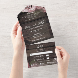 Rustic Wood Dusty Rose Vintage Lace Wedding All In One Invitation