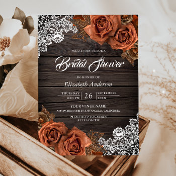 Rustic Wood Dusty Terracotta Rose Bridal Shower Invitation by ShabzDesigns at Zazzle