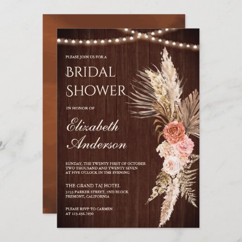 Rustic Wood Earthy Floral Pampas Bridal Shower Invitation