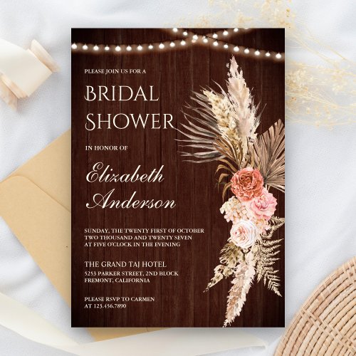 Rustic Wood Earthy Floral Pampas Bridal Shower Invitation