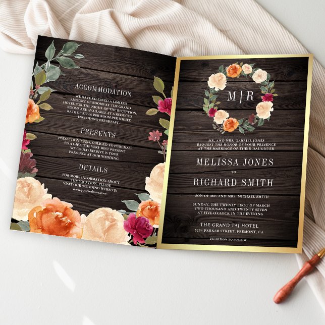 Rustic Wood Earthy Floral Wreath QR Code Wedding Invitation (Creator Uploaded)
