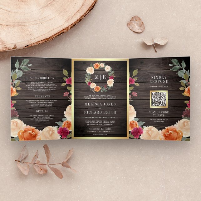 Rustic Wood Earthy Floral Wreath QR Code Wedding Tri-Fold Invitation (Creator Uploaded)