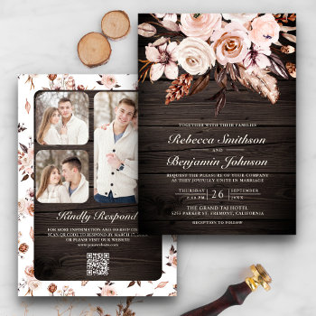 Rustic Wood Earthy Ivory Floral Qr Code Wedding Invitation by ShabzDesigns at Zazzle