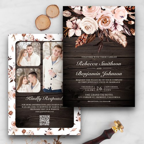 Rustic Wood Earthy Ivory Floral QR Code Wedding Invitation