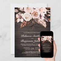 Neutral Earthy Taupe Floral Wood QR Code Wedding Invitation