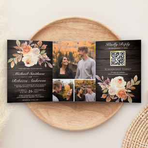 Rustic Wood Earthy Ivory Floral QR Code Wedding Tri-Fold Invitation