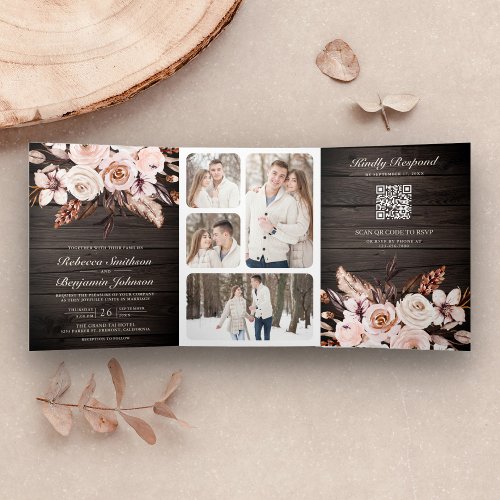 Rustic Wood Earthy Ivory Floral QR Code Wedding Tri_Fold Invitation