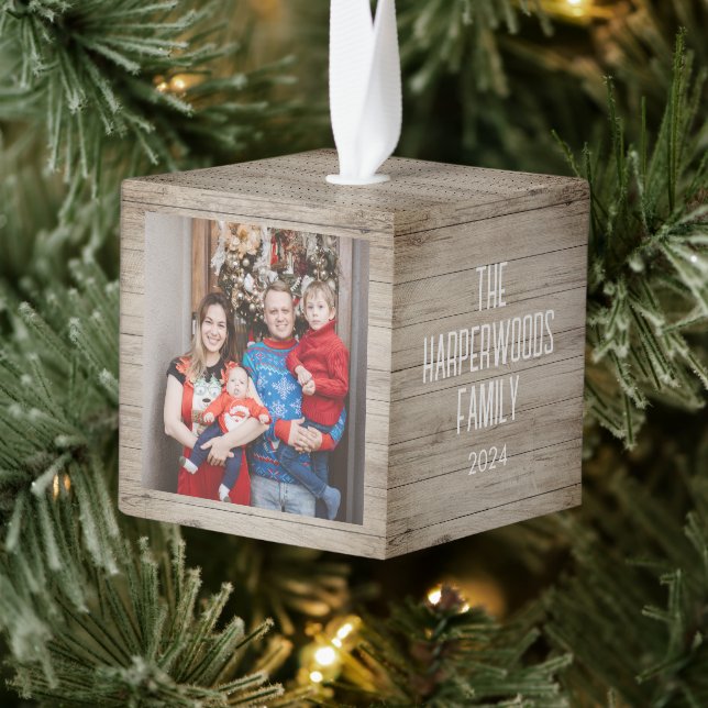 Rustic Wood Elegant 3 Family photo Christmas  Cube Ornament (Tree)