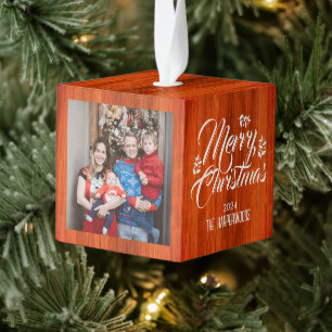 Rustic Wood Elegant 3 Family photo Christmas Cube Ornament