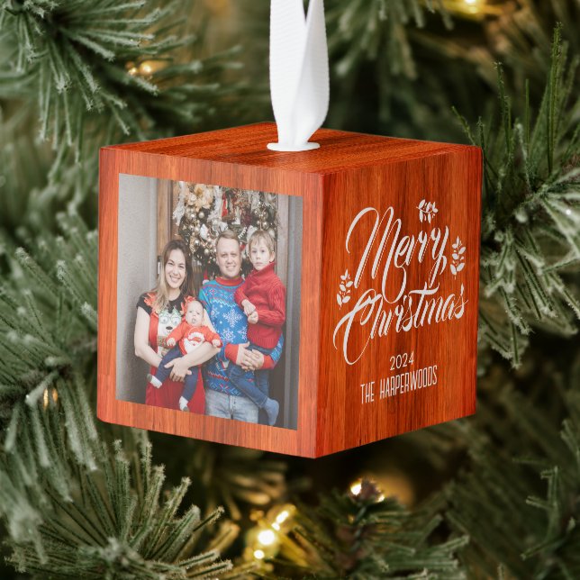 Rustic Wood Elegant 3 Family photo Christmas  Cube Ornament (Tree)