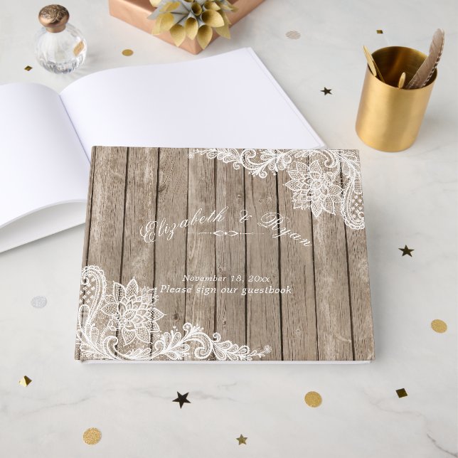 Rustic Wood, Elegant Lace, Custom, Guest Book (Front Open)