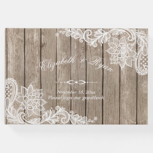 Rustic Wood Elegant Lace Custom Guest Book