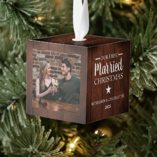 Rustic Wood Elegant Our First Christmas 3 Photo Cube Ornament