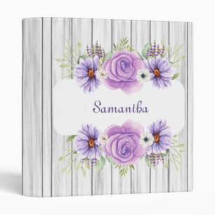 Rustic Wood Elegant Purple Flowers Add Your Name 3 Ring Binder