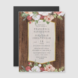 Rustic Wood & Elegant Rose Bouquet Wedding Magnetic Invitation