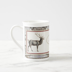 Rustic Wood Elk/ Reindeer Family Monogram Bone China Mug