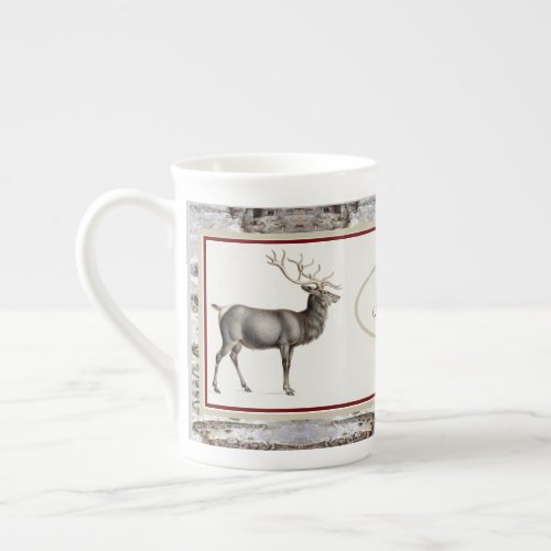  Rustic Wood Elk Reindeer Family Monogram Bone China Mug