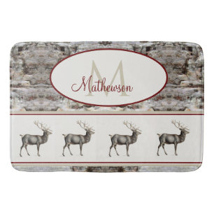 Rustic Wood Elk/ Reindeer Family Monogram tan gray Bath Mat