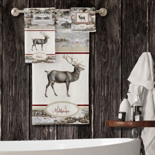 Rustic Wood Elk Reindeer Family Monogram tan gray Bath Towel Set