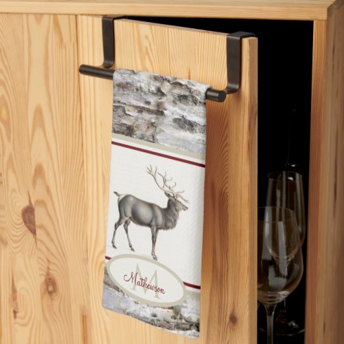 Rustic Wood Elk Reindeer Family Monogram tan gray Kitchen Towel