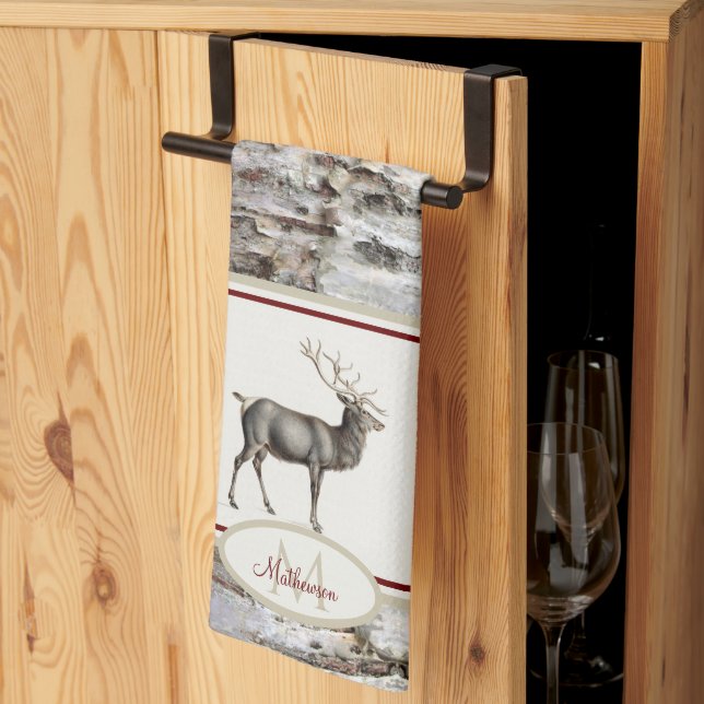 Rustic Wood Elk/ Reindeer Family Monogram tan gray Kitchen Towel (Thirds Fold)