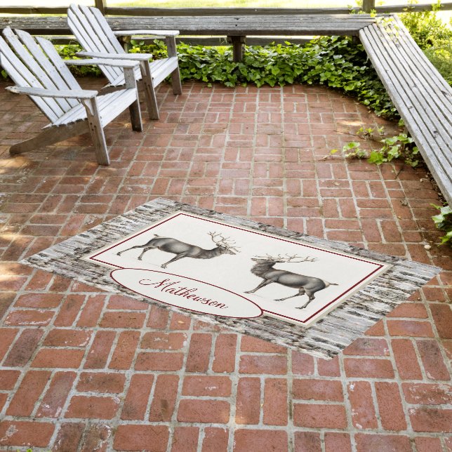 Rustic Wood Elk/ Reindeer Family Monogram tan gray Outdoor Rug (Insitu (Outdoor 3))