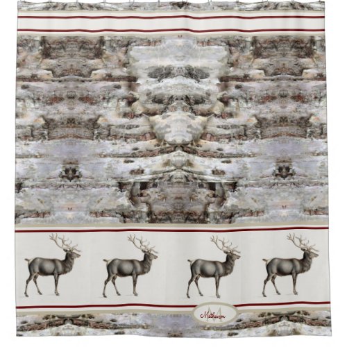Rustic Wood Elk Reindeer Family Monogram tan gray Shower Curtain