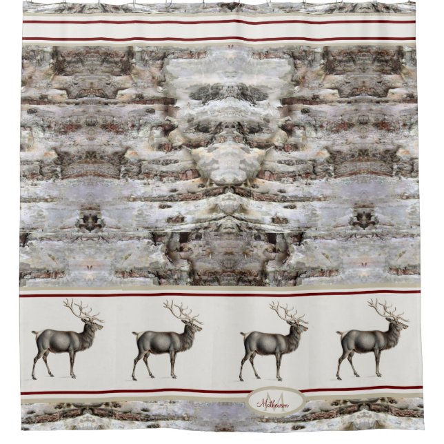 Rustic Wood Elk/ Reindeer Family Monogram tan gray Shower Curtain (Front)