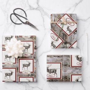 Rustic Wood Elk/ Reindeer Family Monogram tan gray Wrapping Paper Sheets