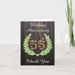Rustic Wood Emerald Laurel 55th Anniversary Letterpress Thank You Card