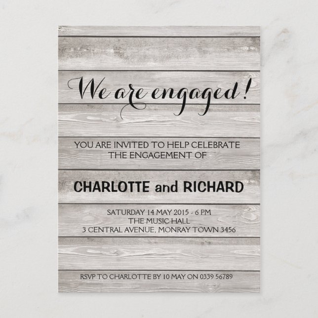 Rustic wood engagement party invitation (Front)