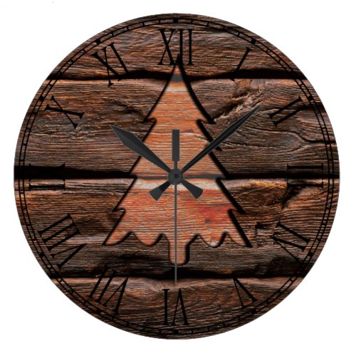 Rustic Wood Engraved Evergreen Texture Large Clock