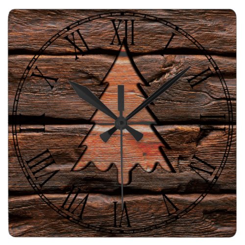 Rustic Wood Engraved Evergreen Texture Square Wall Clock