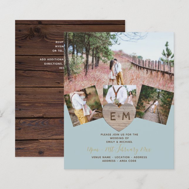 Rustic Wood Engraved Heart PHOTO COLLAGE BUDGET (Front/Back)