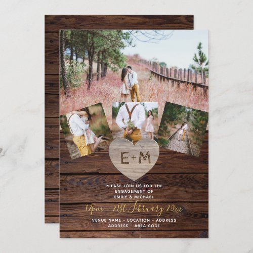Rustic Wood Engraved Heart PHOTO COLLAGE ENGAGED Invitation