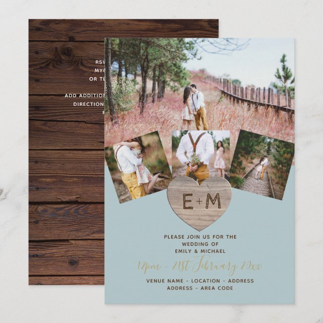Rustic Wood Engraved Heart PHOTO COLLAGE  Invitati Invitation (Front/Back)