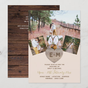 Rustic Wood Engraved Heart PHOTO COLLAGE Invitation