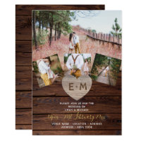 Rustic Wood Engraved Heart PHOTO COLLAGE WEDDINGs Invitation