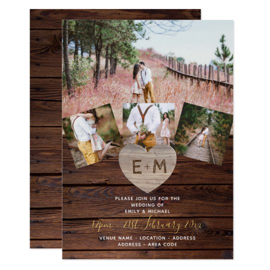 Rustic Wood Engraved Heart PHOTO COLLAGE WEDDINGs Invitation | Zazzle.com