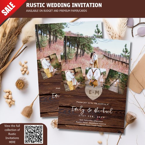 Rustic Wood Engraved Heart PHOTO COLLAGE WEDDINGs Invitation