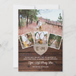 Rustic Wood Engraved Heart PHOTO SAVE THE DATE Invitation<br><div class="desc">This elegant and modern Save The Date card features a rustic wooden heart with monogram of the bride and groom's initials and 4 photo templates for you to add couple photos of yourself enjoying happy and romantic times. It has a rustic wood printed background (available in different shades) and has...</div>