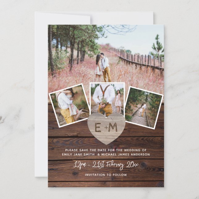 Rustic Wood Engraved Heart PHOTO SAVE THE DATE Invitation (Front)