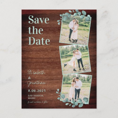 Rustic Wood Eucalyptus 3 Photo Save The Date Postcard