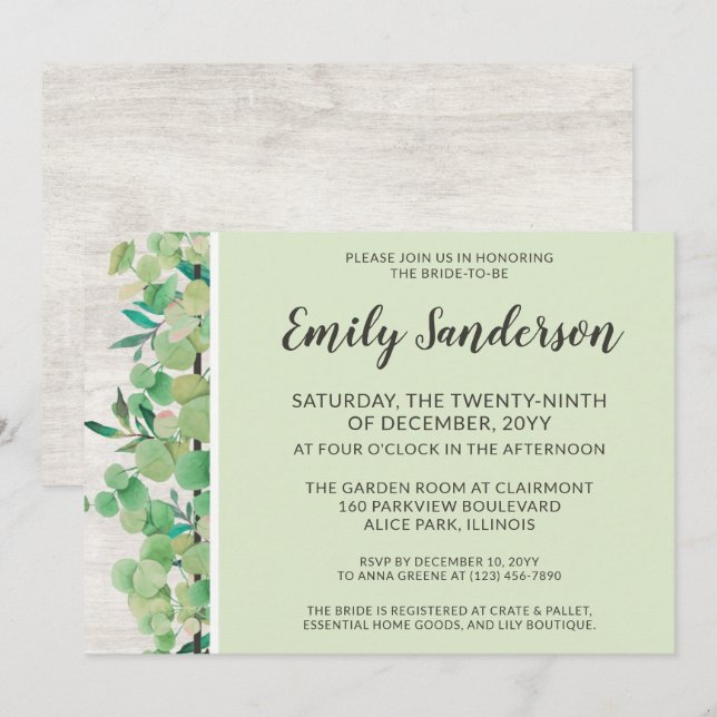 Rustic Wood & Eucalyptus Botanical Bridal Shower Invitation (Front/Back)