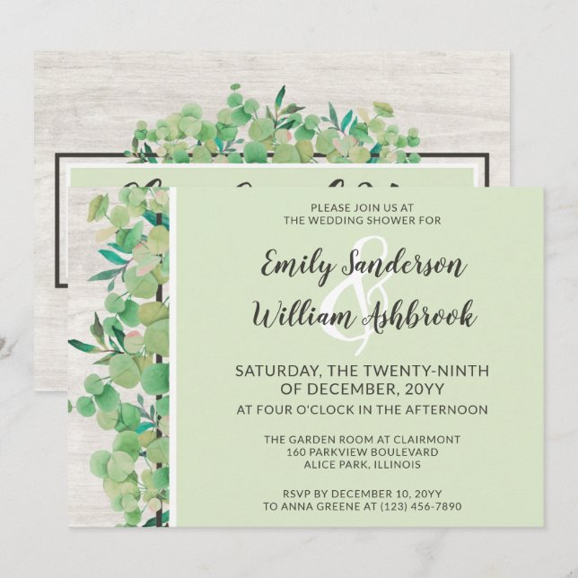 Rustic Wood & Eucalyptus Botanical Wedding Shower Invitation (Front/Back)