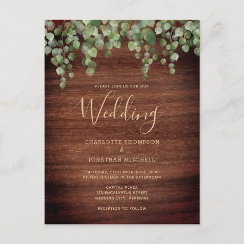 Rustic Wood Eucalyptus Foliage Greenery Wedding Invitation Postcard