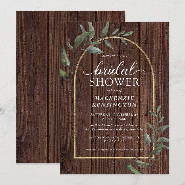 Rustic Wood Eucalyptus Gold Arch Bridal Shower Invitation (Front/Back)